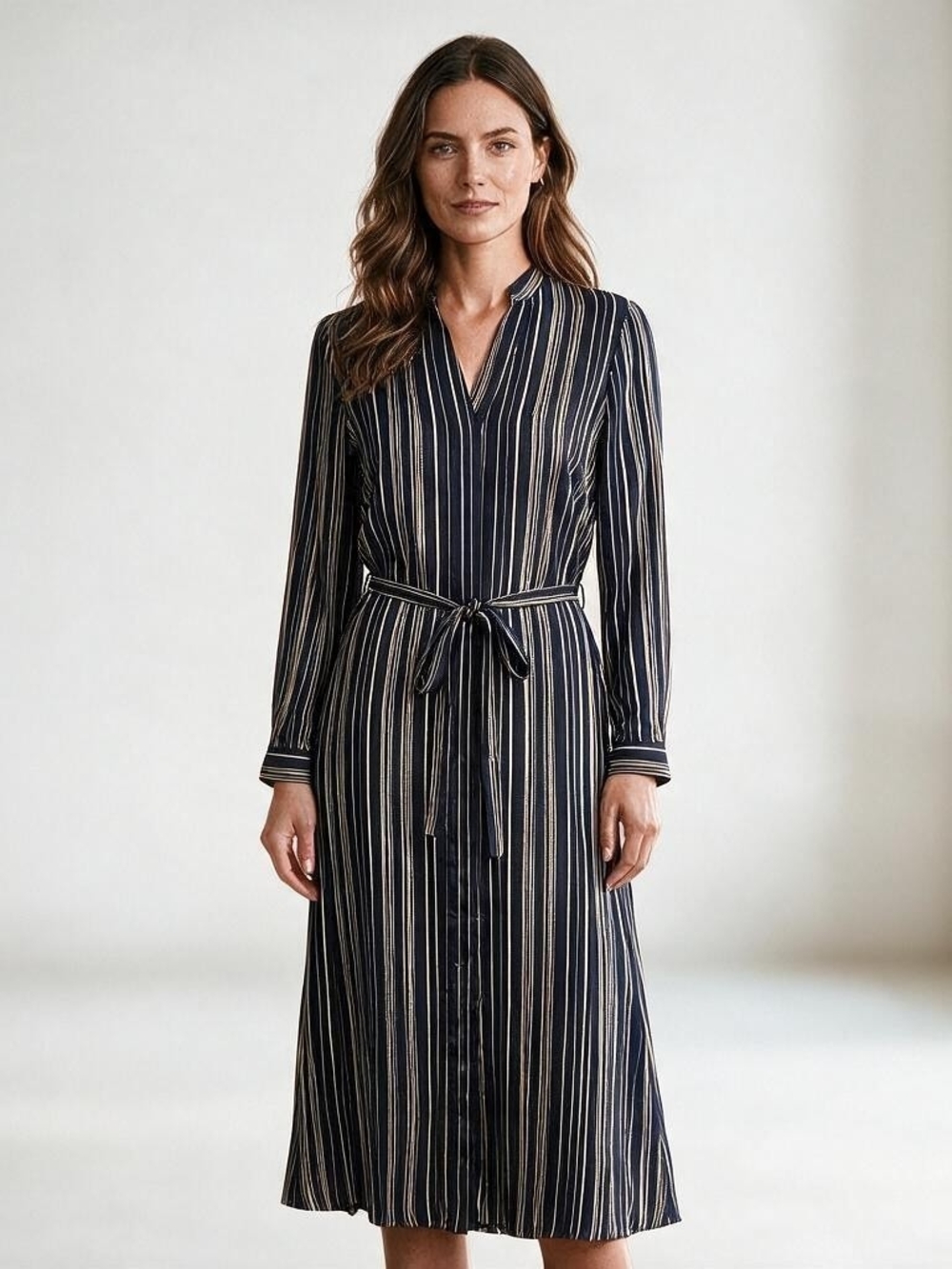 NWT Ann Taylor Striped Satin Long Sleeve Midi Shirt Dress Belted  Medium Petite